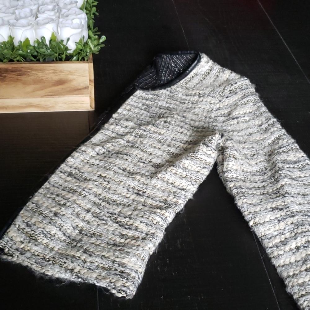 H&M White Tweed Jacket with Leather Trim